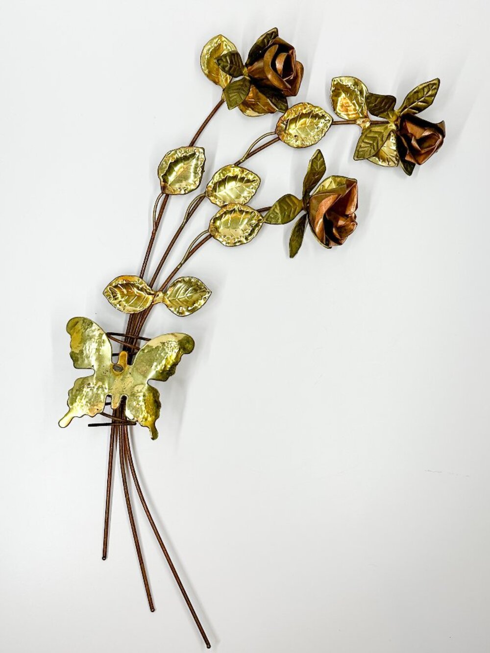 Vintage Metal Rose Wall Vase 3D Tin Copper Brass Butterfly Art Cottage Witchy